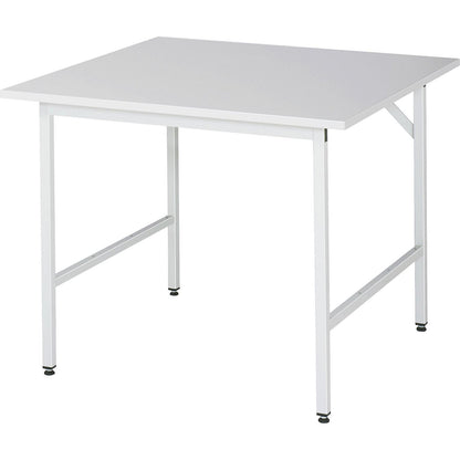 Work table, height adjustable, frame 30 x 30 mm, melamine coated panel, WxD 1000 x 1000 mm, light grey.