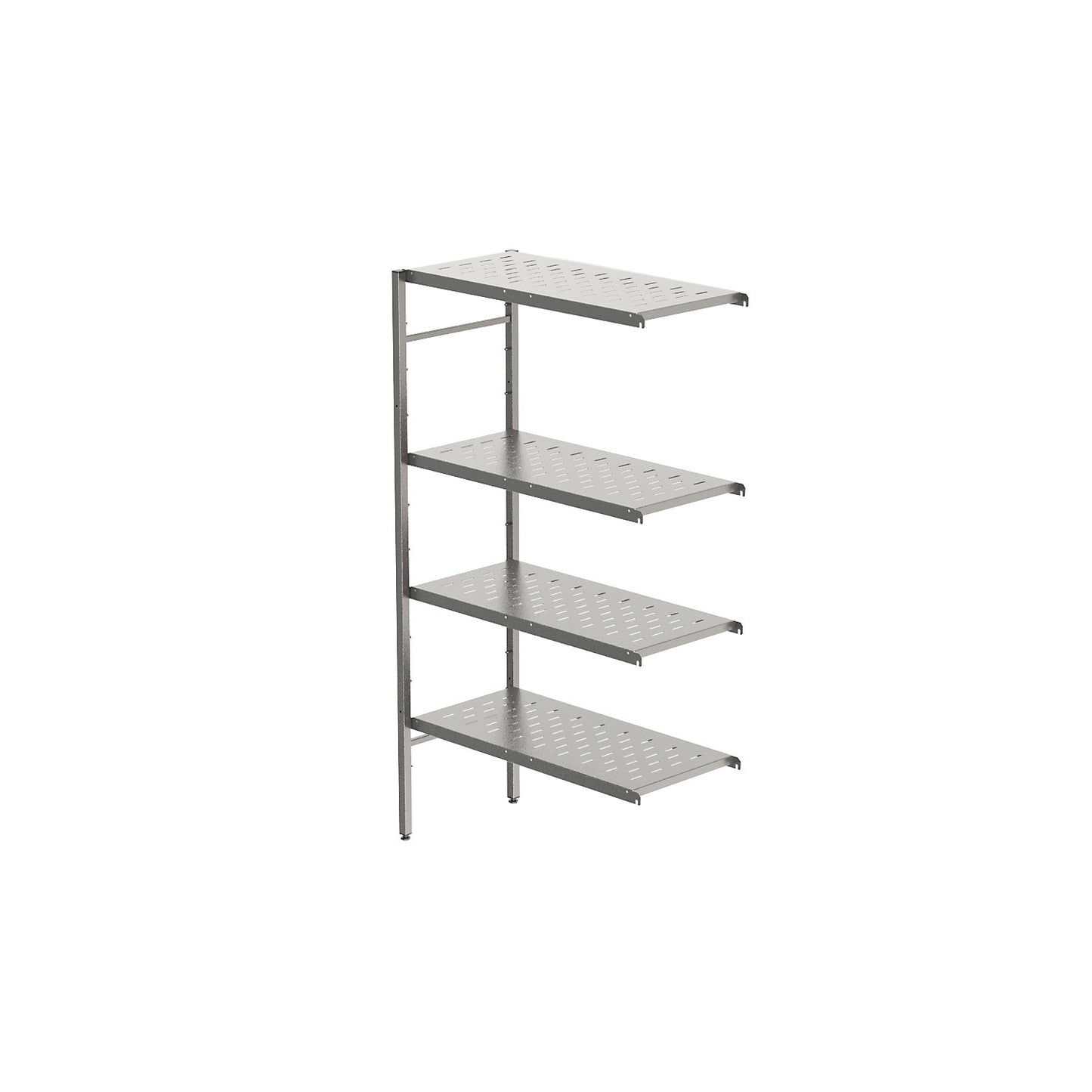Stainless steel boltless shelf unit, 4 perforated shelves, shelf width x depth 940 x 440 mm, extension shelf unit.