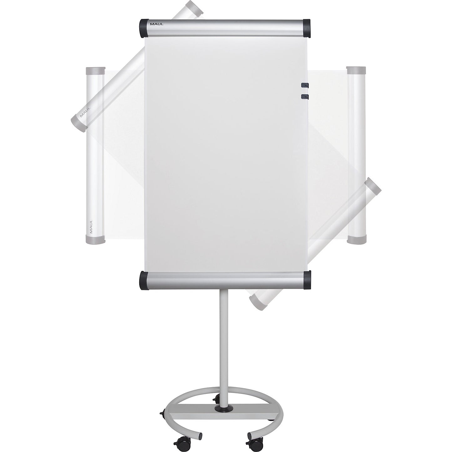 Flip chart, writing surface rotates 90°, mobile and height adjustable.