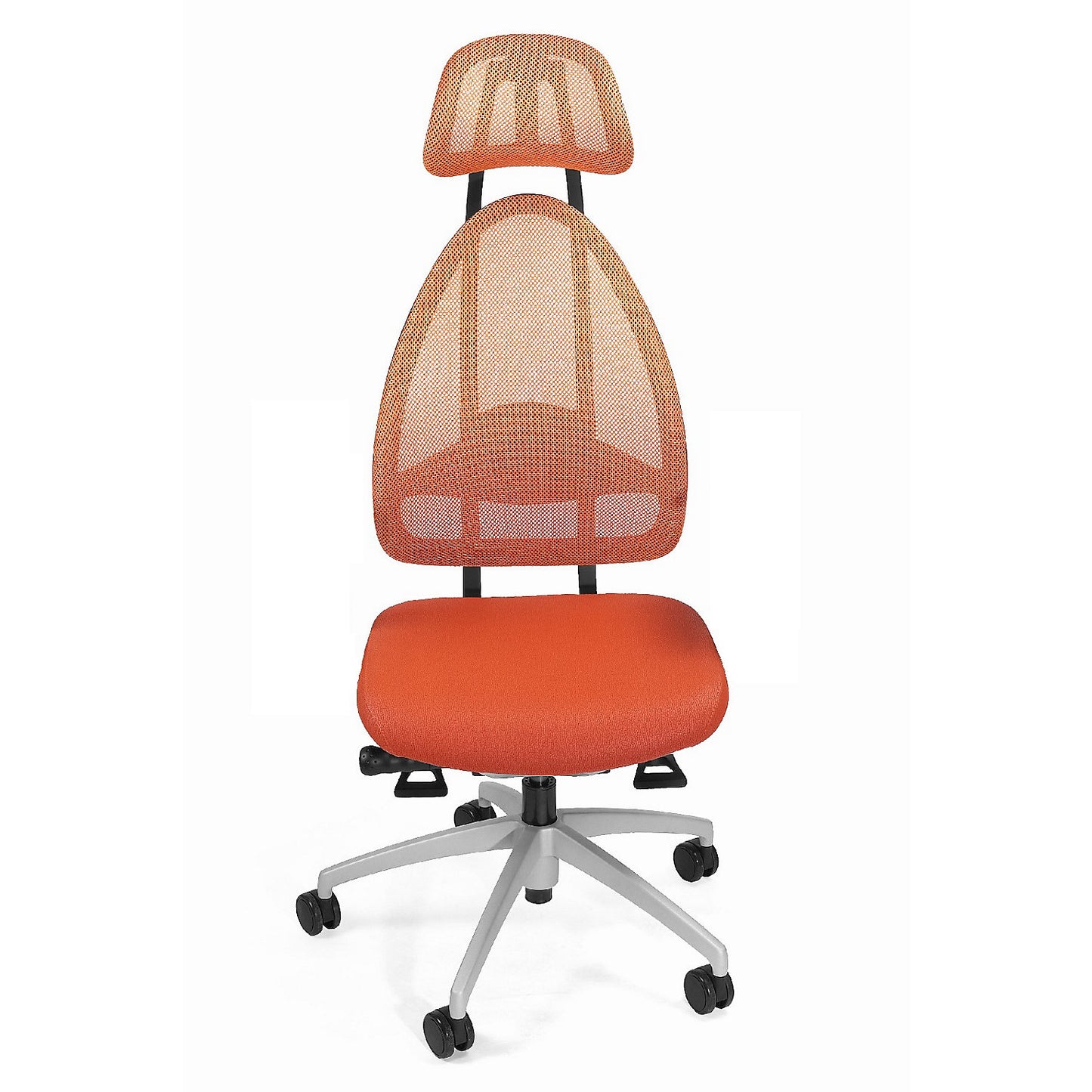 Designer office swivel chair, with head rest and mesh back rest, effective back rest height 830 mm, orange.