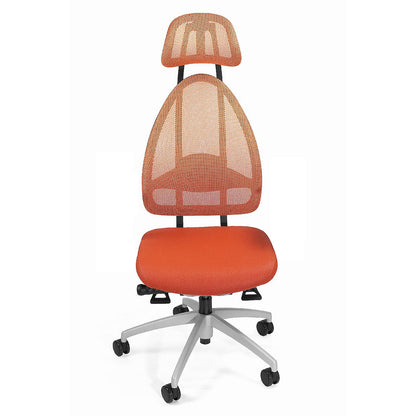 Designer office swivel chair, with head rest and mesh back rest, effective back rest height 830 mm, orange.