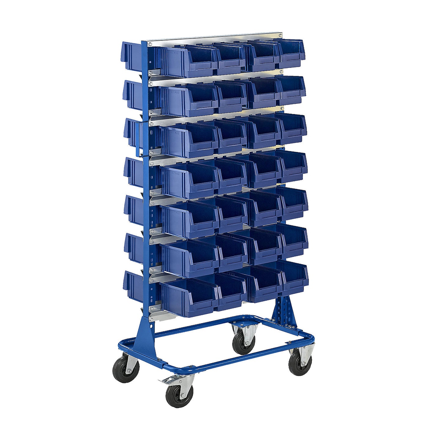 Mobile rack, height 1588 mm, mobile rack with 56 open fronted storage bins, light grey.
