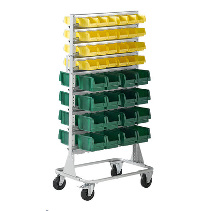 Mobile rack, height 1588 mm, mobile rack with 80 open fronted storage bins, gentian blue.