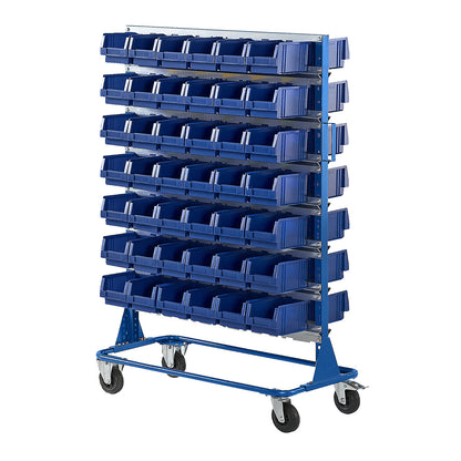 Mobile rack, height 1588 mm, mobile rack with 84 open fronted storage bins, light grey.