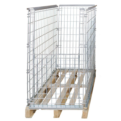 Mesh pallet collar, for stacking, front panel with flap, for pallets 1200 x 800, H 1160 mm, zinc-plated.