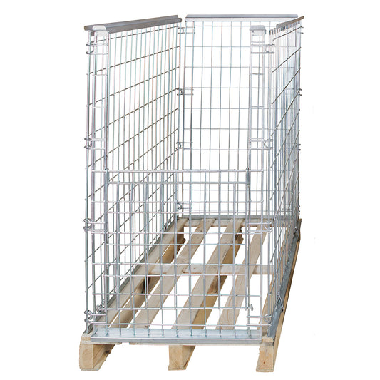 Mesh pallet collar, for stacking, front panel with flap, for pallets 1200 x 800, H 1160 mm, zinc-plated.