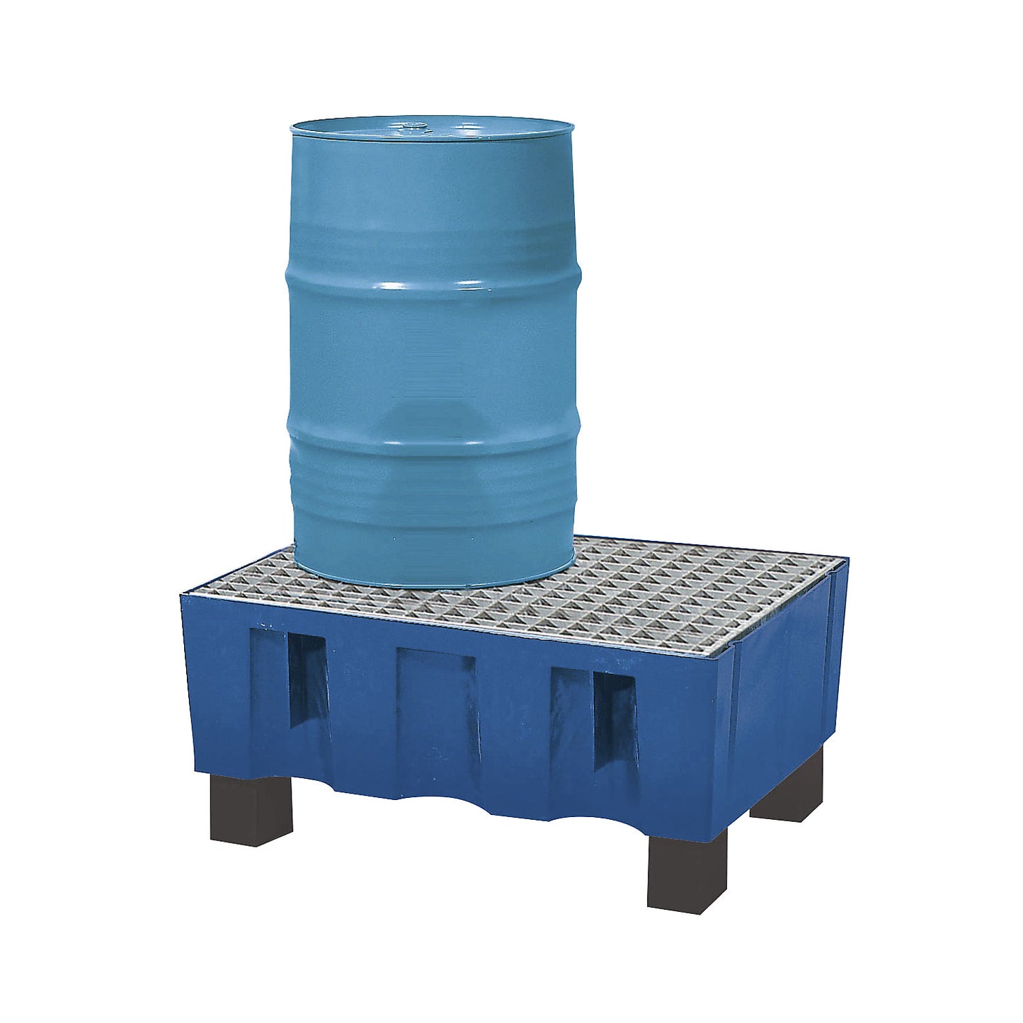 PE sump tray for 60 litre drums, sump capacity 60 l, with four feet, with zinc plated grate.