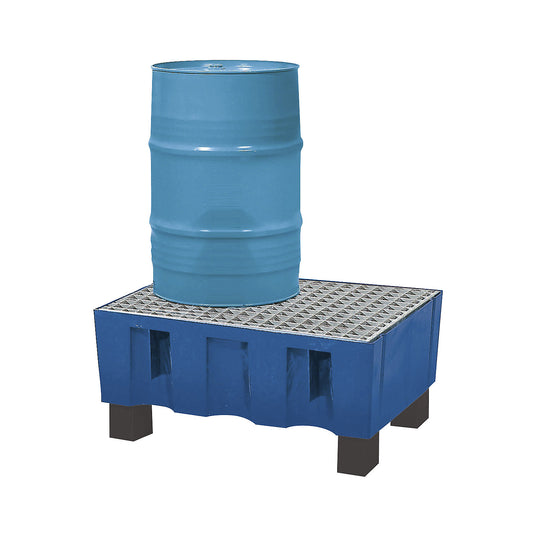 PE sump tray for 60 litre drums, sump capacity 60 l, with four feet, with zinc plated grate.