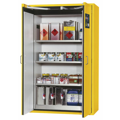 Fire resistant hazardous goods storage cupboard, type 90, 2 doors, external HxWxD 1968 x 1200 x 615 mm, yellow, stainless steel.
