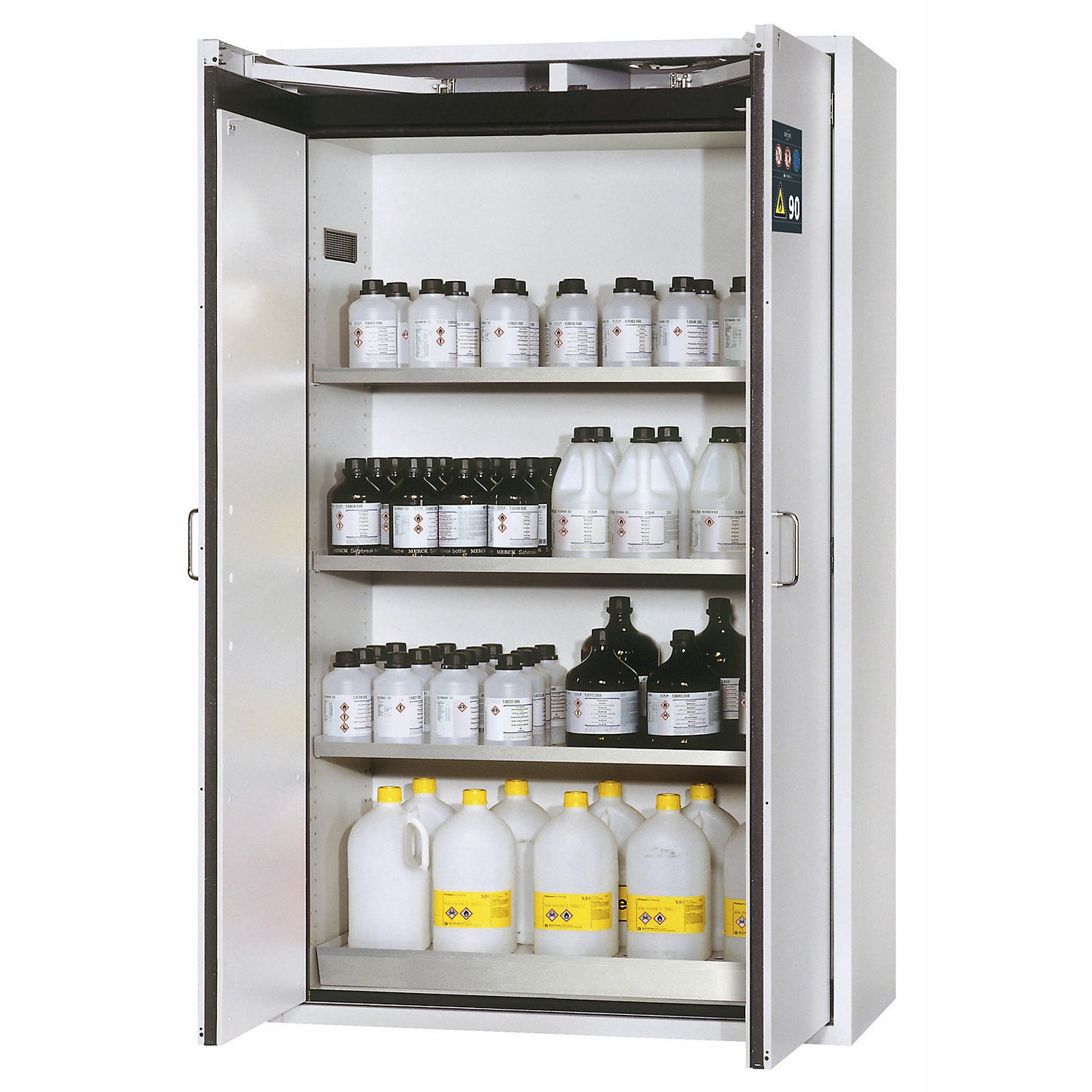 Fire resistant hazardous goods storage cupboard, type 90, 2 doors, external HxWxD 1968 x 1200 x 615 mm, grey, stainless steel.
