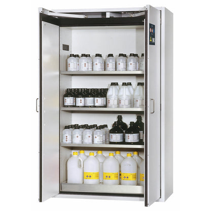 Fire resistant hazardous goods storage cupboard, type 90, 2 doors, external HxWxD 1968 x 1200 x 615 mm, grey, stainless steel.