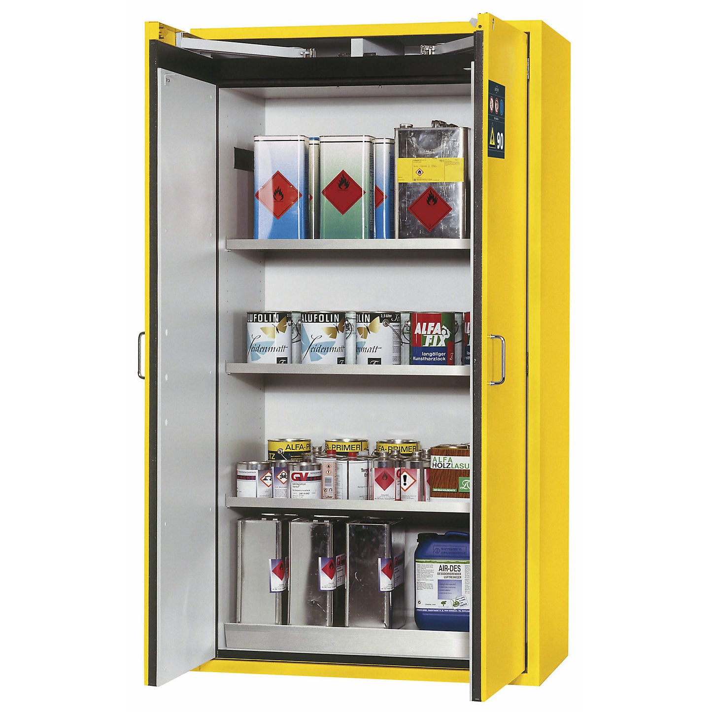 Fire resistant hazardous goods storage cupboard, type 90, 2 doors, external HxWxD 1968 x 900 x 615 mm, yellow, stainless steel.