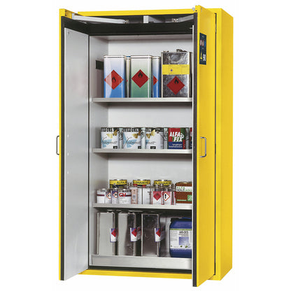 Fire resistant hazardous goods storage cupboard, type 90, 2 doors, external HxWxD 1968 x 900 x 615 mm, yellow, stainless steel.