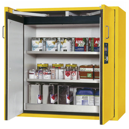 Fire resistant hazardous goods storage cupboard, type 90, 2 door, external HxWxD 1298 x 1200 x 615 mm, yellow, stainless steel.