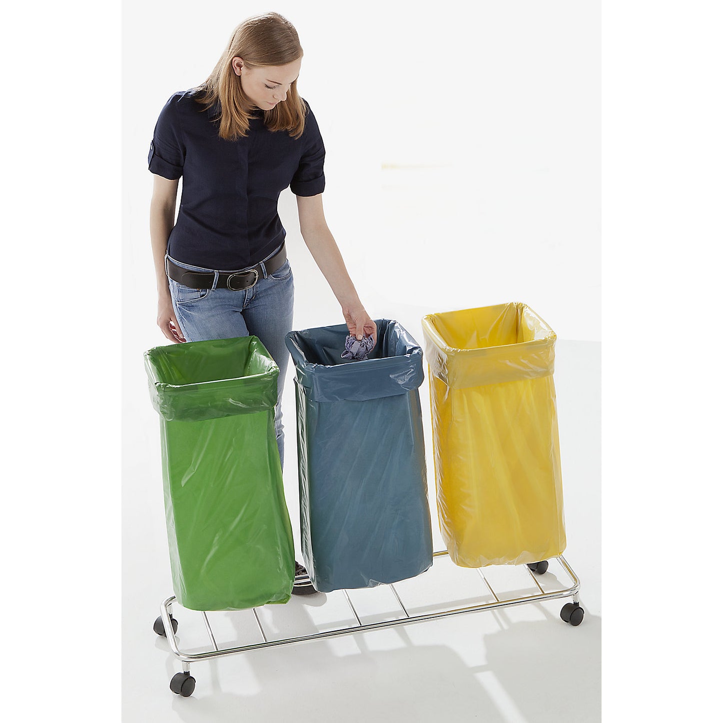Waste sack stand without lid, for capacity 3 x 70 l, wheeled base, powder coated tubular steel.