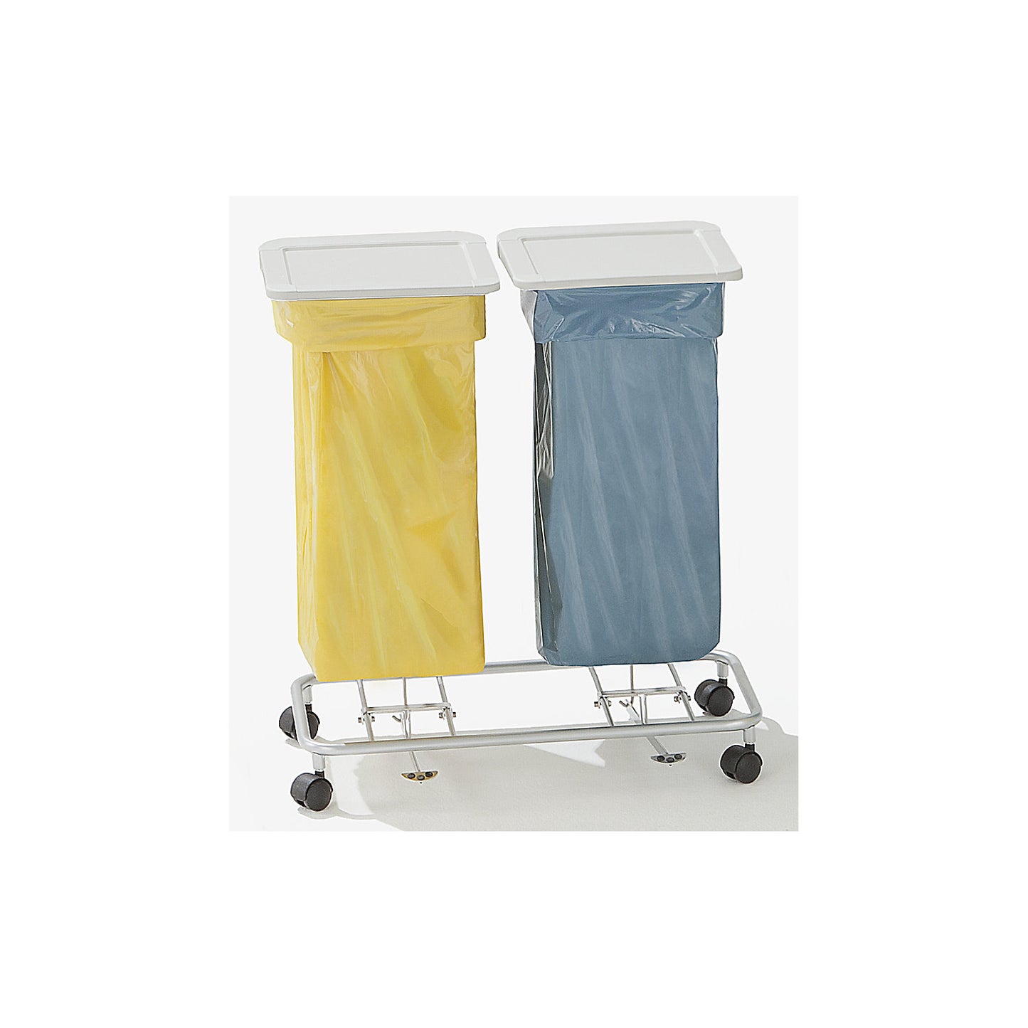 Waste sack stand without lid, for capacity 2 x 70 l, wheeled base, powder coated tubular steel.
