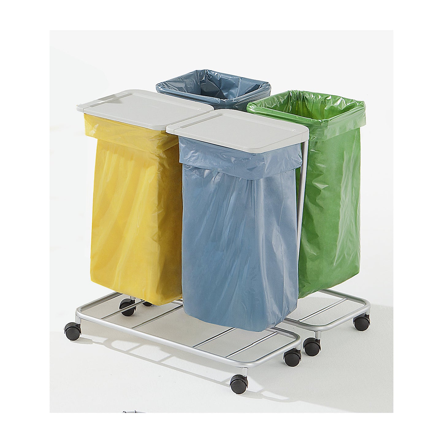 Waste sack stand without lid, for capacity 4 x 70 l, wheeled base, stainless steel.