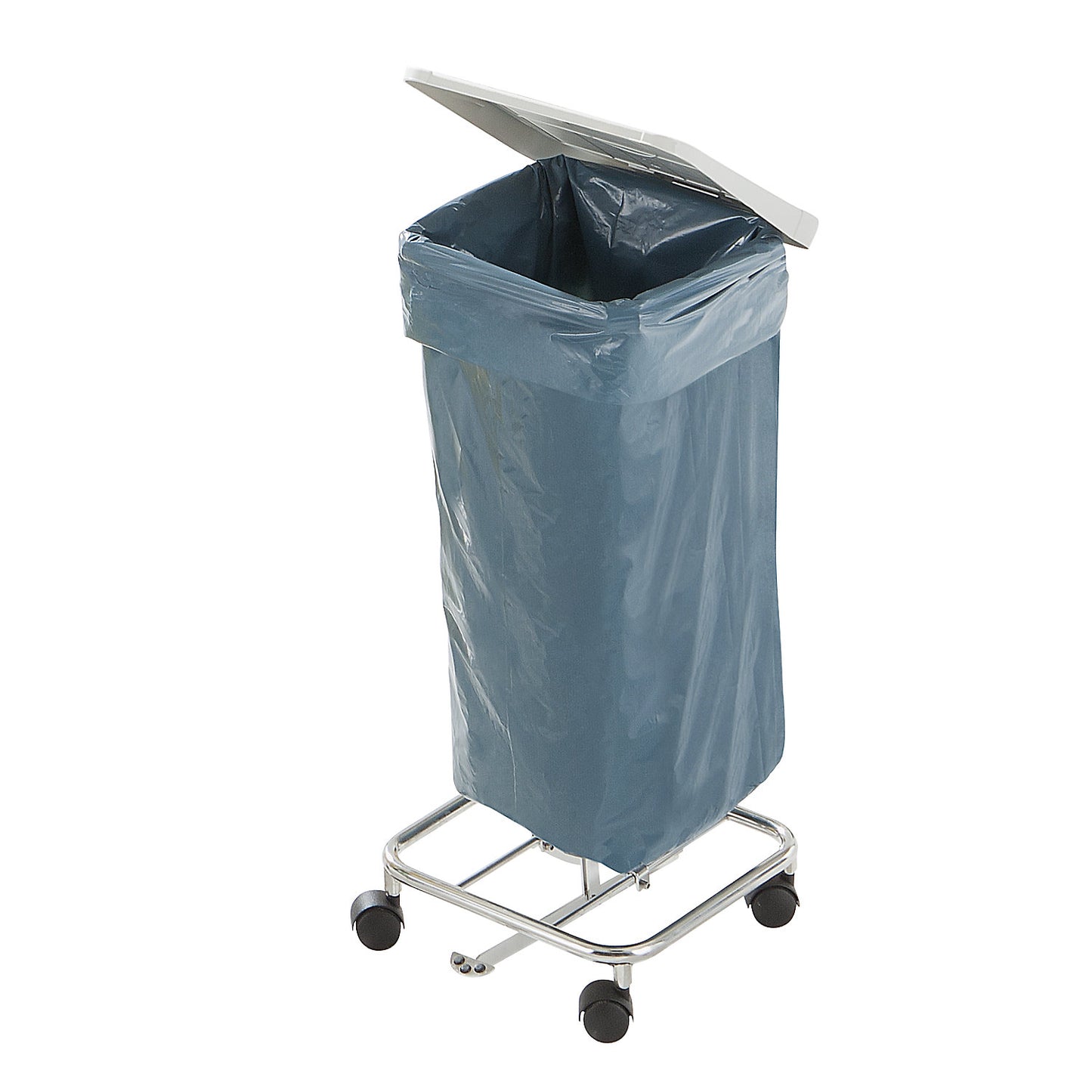 Waste sack stand without lid, for capacity 1 x 70 l, wheeled base, stainless steel.