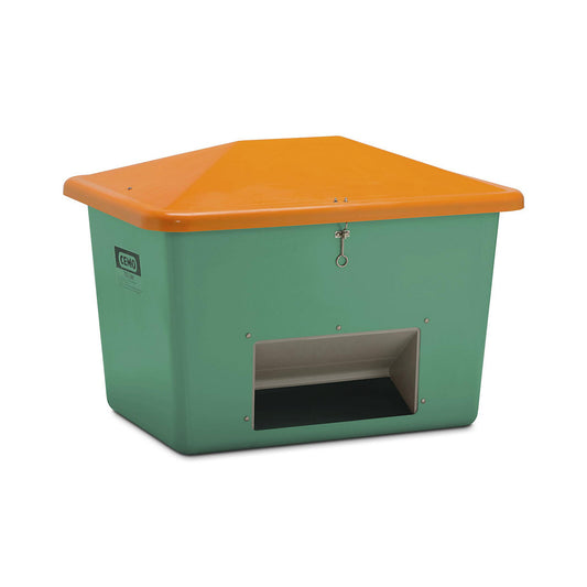 Grit container made of GRP, capacity 700 l, with dispenser opening, green container.