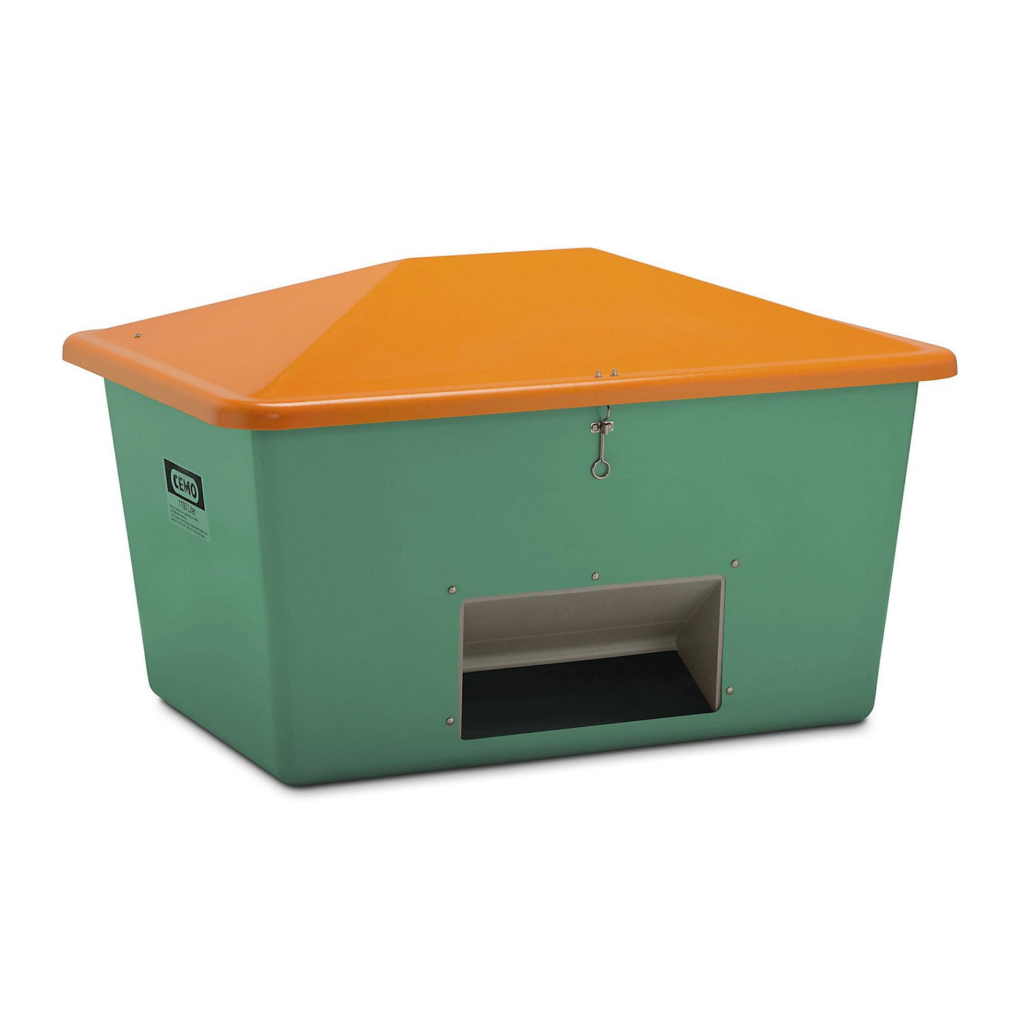 Grit container made of GRP, capacity 1100 l, with dispenser opening, green container.