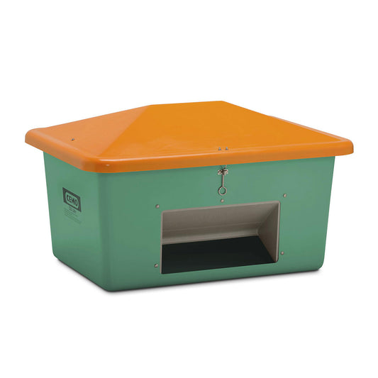 Grit container made of GRP, capacity 550 l, with dispenser opening, green container.