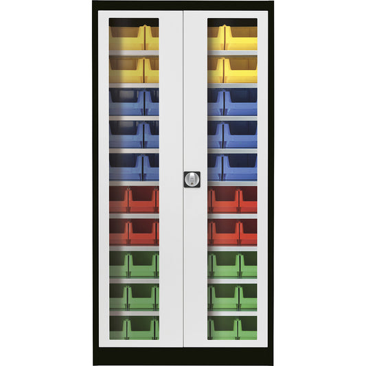 Vision panel double door cupboard, with 50 open fronted storage bins, graphite black / light grey.