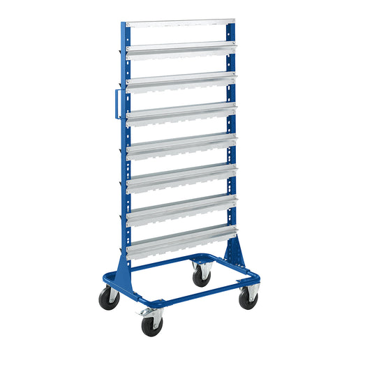 Mobile rack, height 1588 mm, mobile rack for 56 open fronted storage bins, gentian blue.
