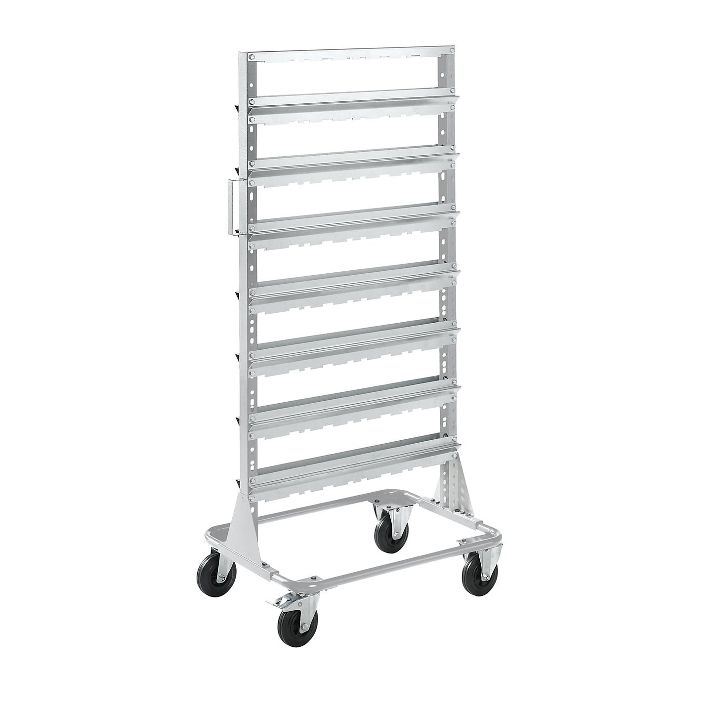Mobile rack, height 1588 mm, mobile rack for 56 open fronted storage bins, light grey.