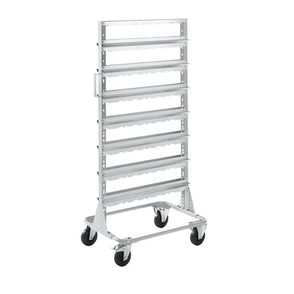 Mobile rack, height 1588 mm, mobile rack for 56 open fronted storage bins, light grey.