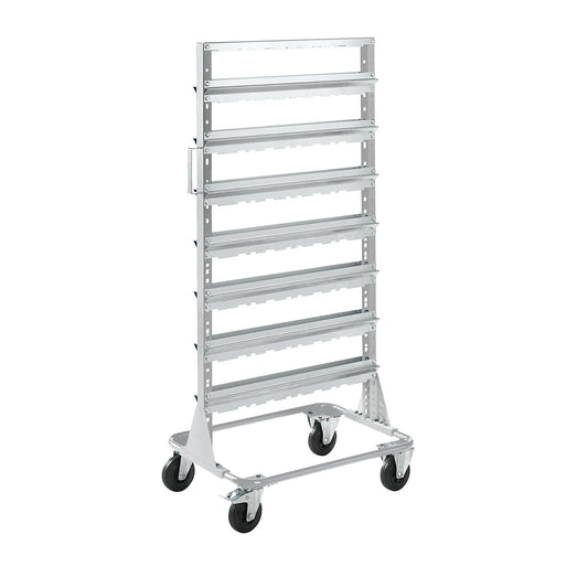 Mobile rack, height 1588 mm, mobile rack for 56 open fronted storage bins, light grey.