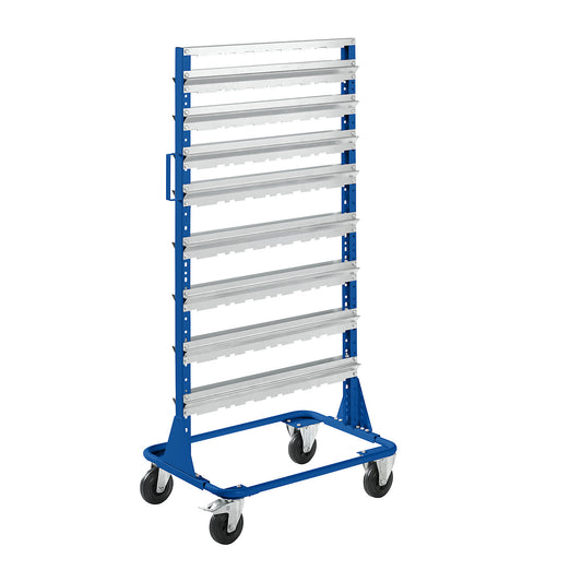 Mobile rack, height 1588 mm, mobile rack for 80 open fronted storage bins, gentian blue.