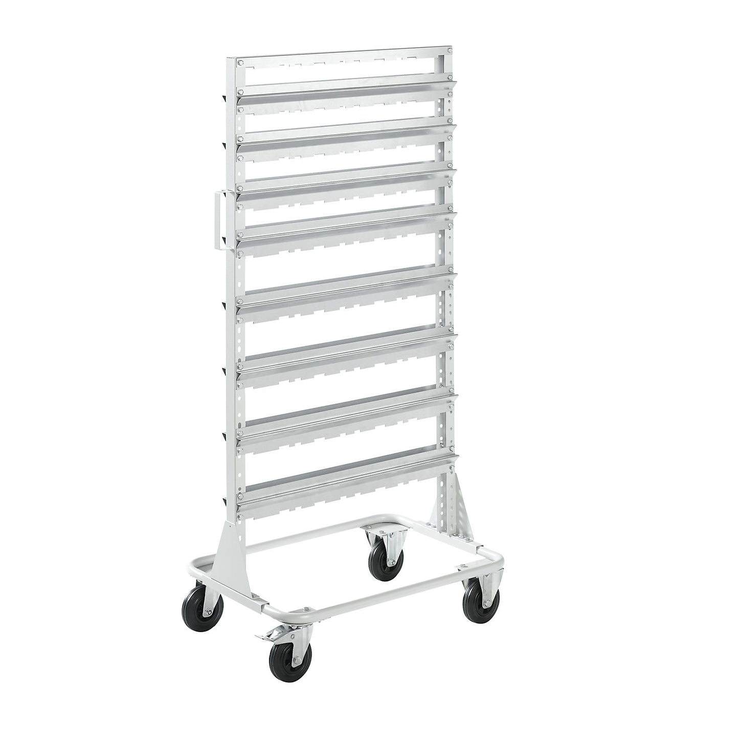 Mobile rack, height 1588 mm, mobile rack for 80 open fronted storage bins, light grey.