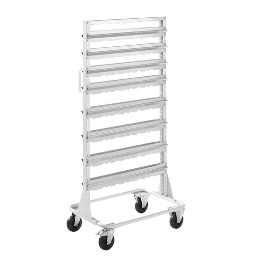 Mobile rack, height 1588 mm, mobile rack for 80 open fronted storage bins, light grey.
