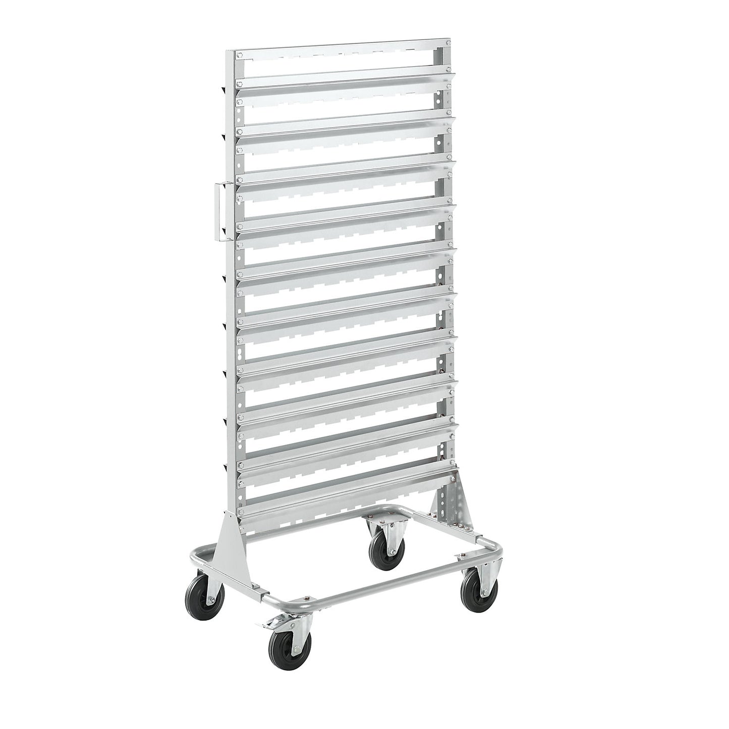 Mobile rack, height 1588 mm, mobile rack for 120 open fronted storage bins, light grey.