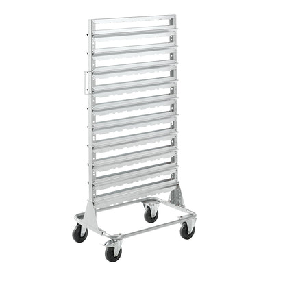 Mobile rack, height 1588 mm, mobile rack for 120 open fronted storage bins, light grey.