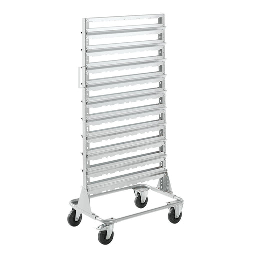 Mobile rack, height 1588 mm, mobile rack for 120 open fronted storage bins, light grey.