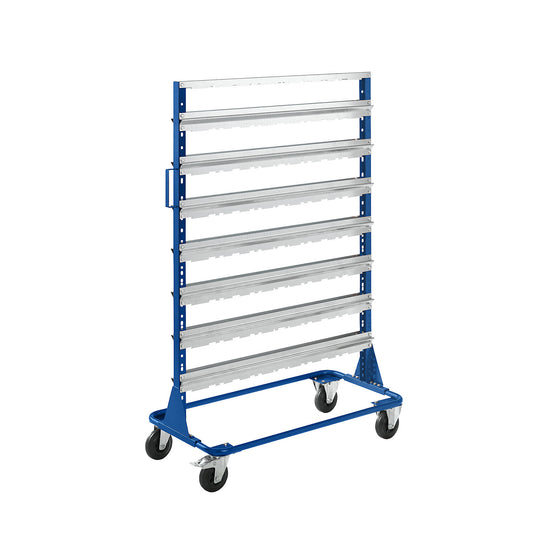Mobile rack, height 1588 mm, mobile rack for 84 open fronted storage bins, gentian blue.
