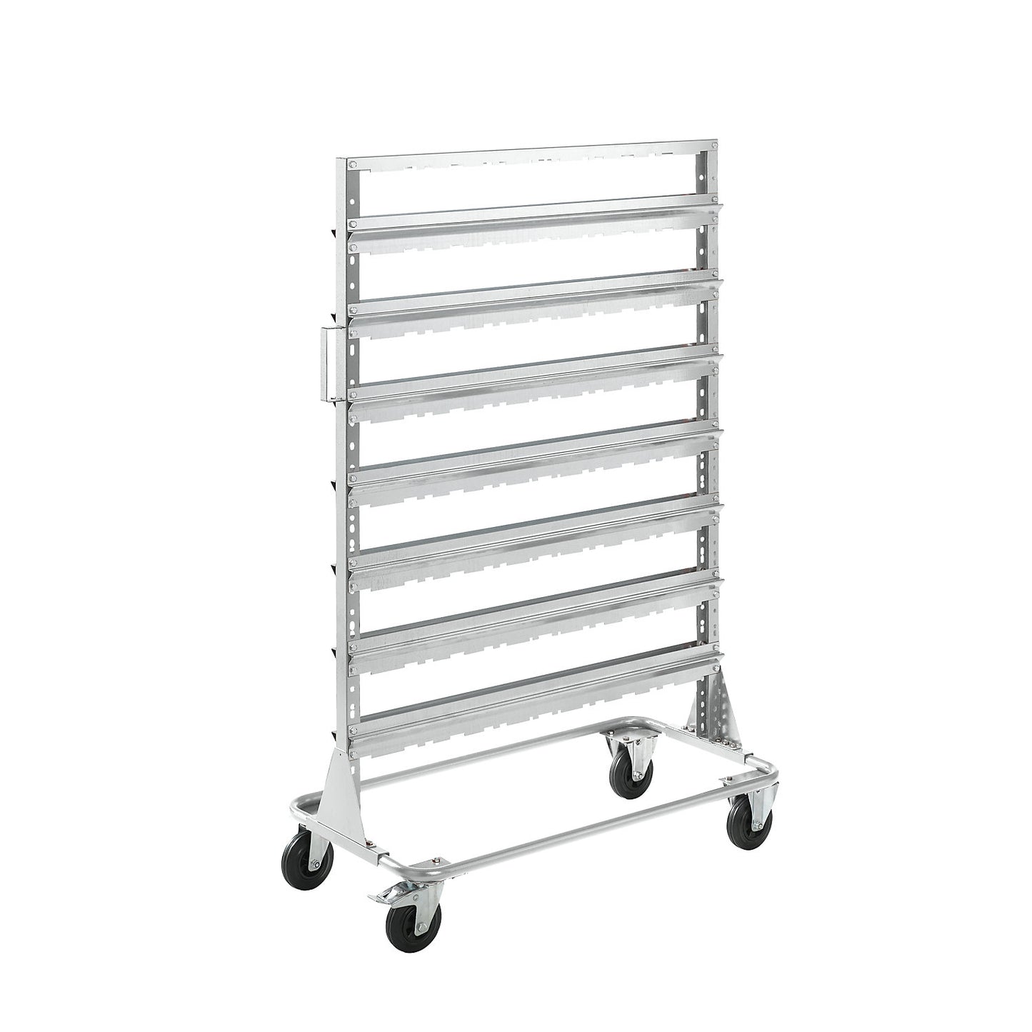 Mobile rack, height 1588 mm, mobile rack for 84 open fronted storage bins, light grey.