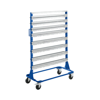 Mobile rack, height 1588 mm, mobile rack for 112 open fronted storage bins, gentian blue.