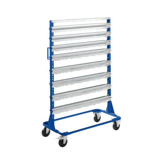 Mobile rack, height 1588 mm, mobile rack for 112 open fronted storage bins, gentian blue.