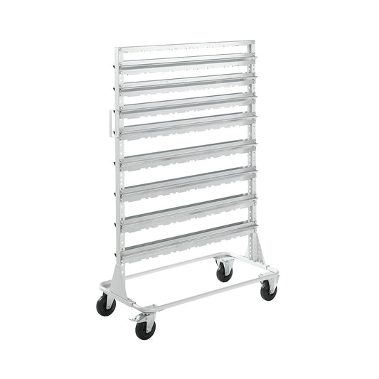Mobile rack, height 1588 mm, mobile rack for 112 open fronted storage bins, light grey.
