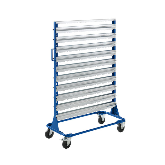 Mobile rack, height 1588 mm, mobile rack for 160 open fronted storage bins, gentian blue.