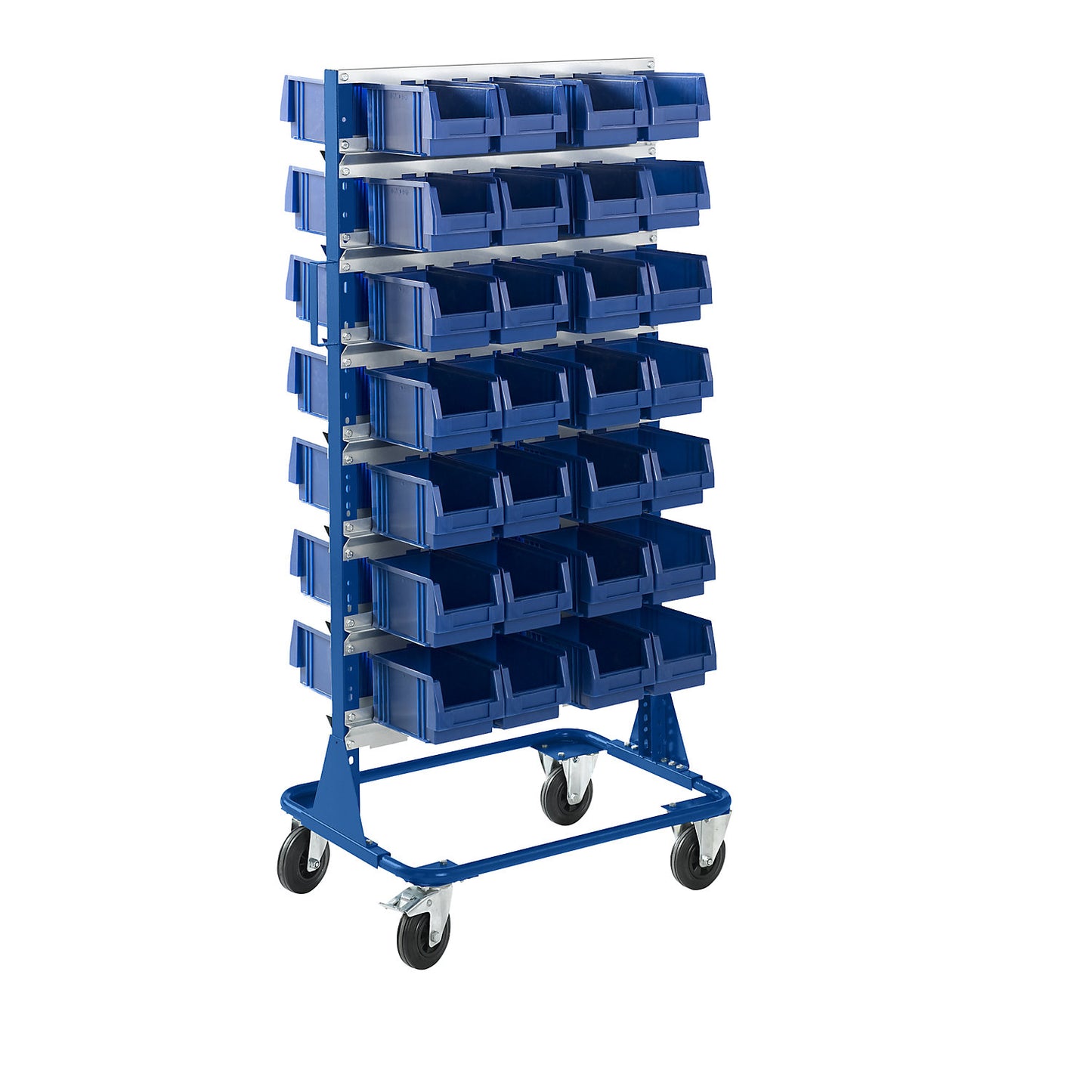 Mobile rack, height 1588 mm, mobile rack with 56 open fronted storage bins, gentian blue.
