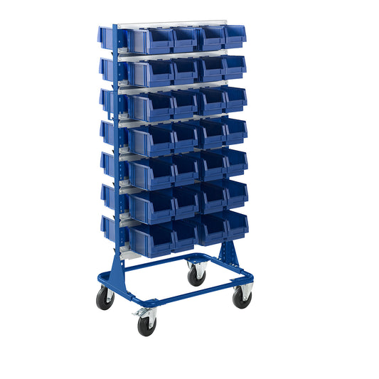 Mobile rack, height 1588 mm, mobile rack with 56 open fronted storage bins, gentian blue.