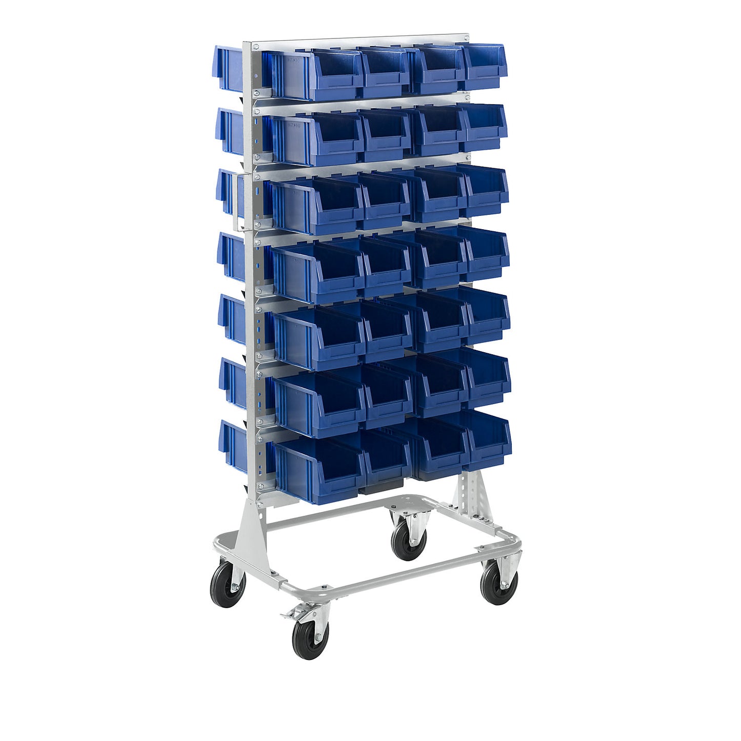 Mobile rack, height 1588 mm, mobile rack with 56 open fronted storage bins, light grey.