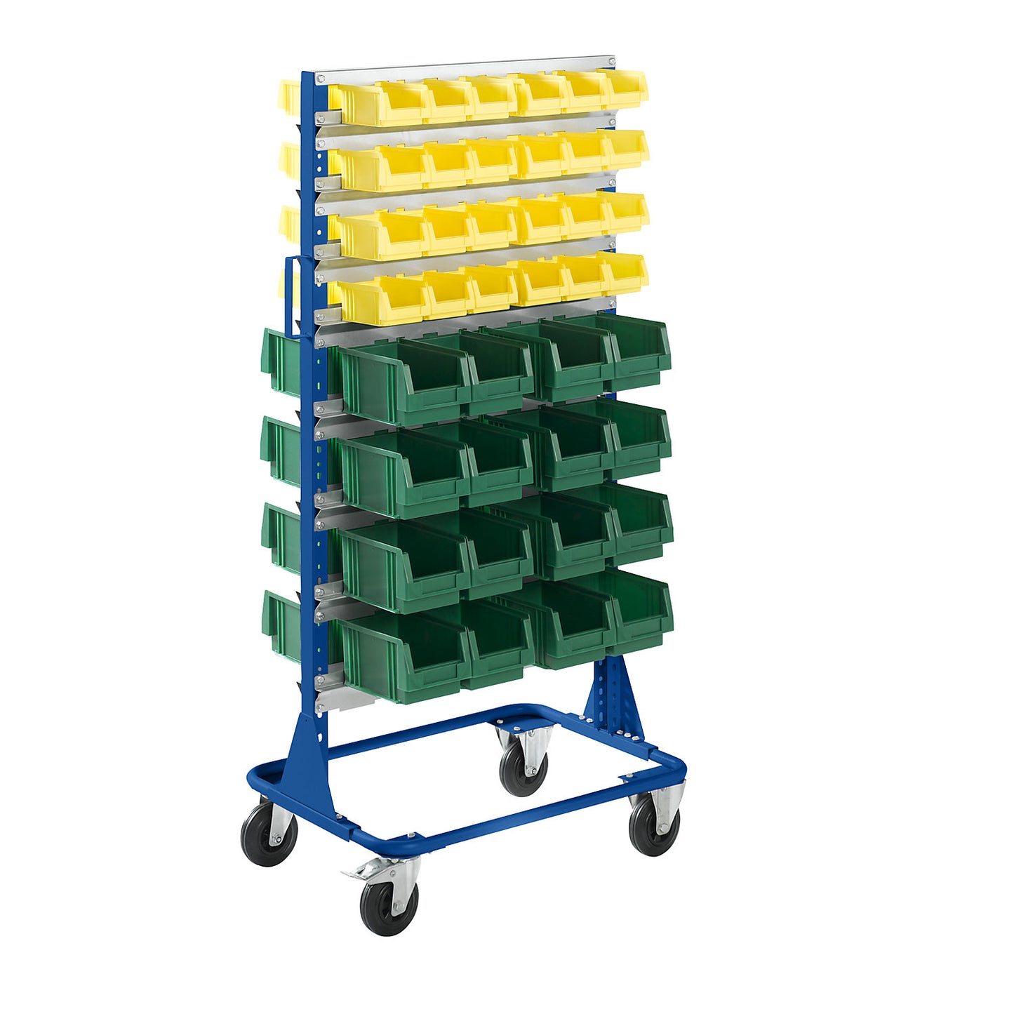 Mobile rack, height 1588 mm, mobile rack with 80 open fronted storage bins, gentian blue.