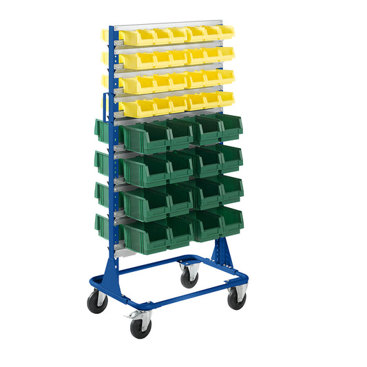 Mobile rack, height 1588 mm, mobile rack with 80 open fronted storage bins, gentian blue.