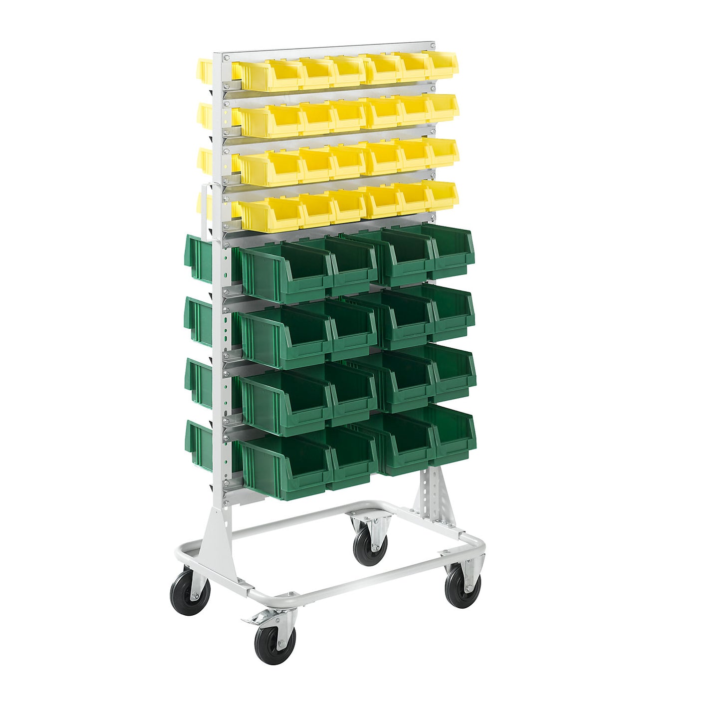 Mobile rack, height 1588 mm, mobile rack with 80 open fronted storage bins, light grey.