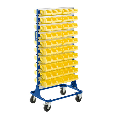 Mobile rack, height 1588 mm, mobile rack with 120 open fronted storage bins, gentian blue.