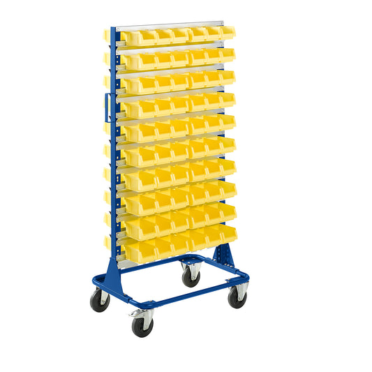 Mobile rack, height 1588 mm, mobile rack with 120 open fronted storage bins, gentian blue.